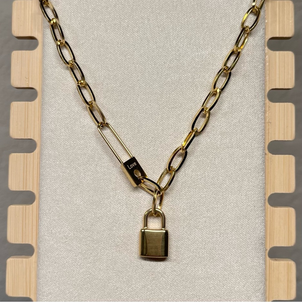 New Gold Tone Stainless Steel Love Lock Necklace
